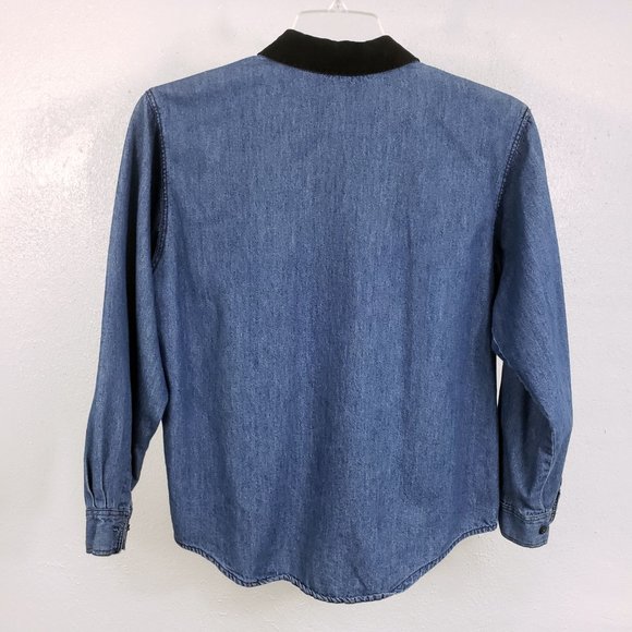 Capacity Women's Denim Blue Jean Black Floral Embroidered Shirt Top Blouse - Picture 7 of 12